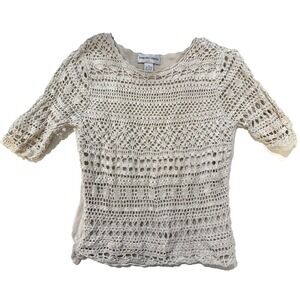 Y2K Boho Crochet Top Women M Beige Open Knit Cottagecore Hampshire Studio